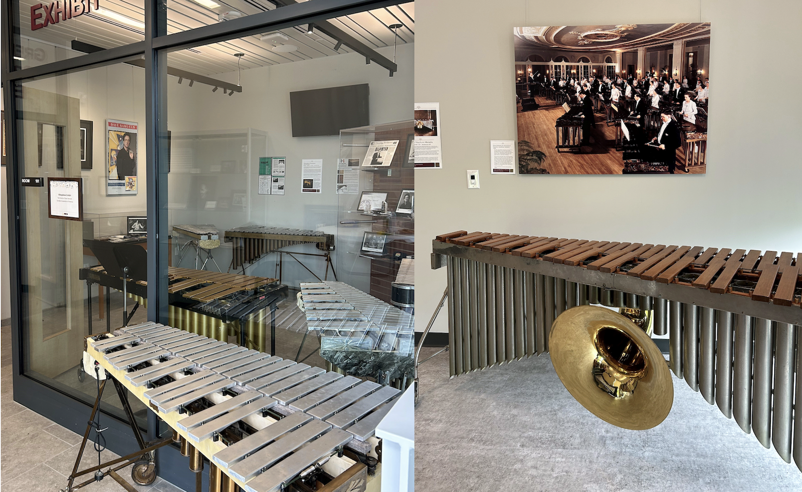 Exhibit rooms at musical instrument museum with works displayed on art hanging systems