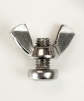 Short bolt with wing nut, for use with picture hanging system mounted at an angle as when hanging art in a stairway 