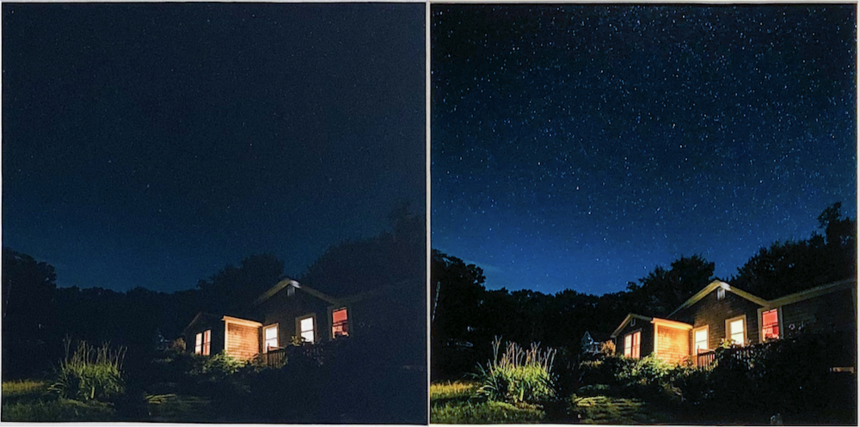 Art lighting compared in two pictures of a painting: left image dimly lit, right image properly lit to show detail and colors