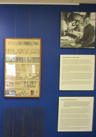 Closer view of art by and information about modernist Harry Bertoia, hung on picture hanging system