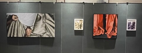 Art Display on wall, multiple works hung on art hanging system