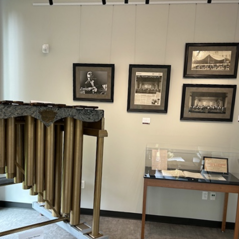 Display at musical instrument museum with marimba and art hung on picture hanging system